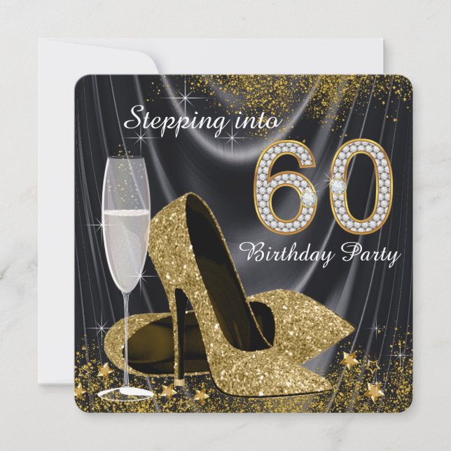 Black and Gold Stepping in 60 Geburtstagsparty Einladung (Vorderseite)