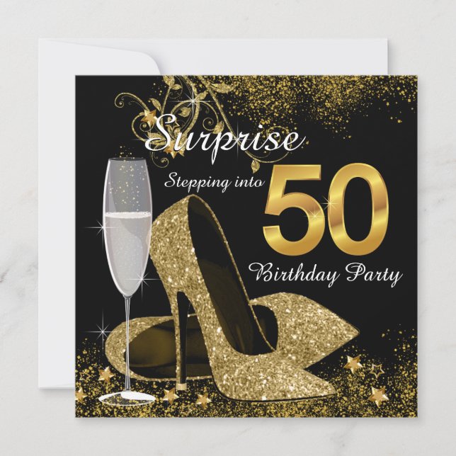 Black and Gold Stepping zu 50 Geburtstagsparty Einladung (Vorderseite)