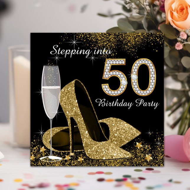 Black and Gold Stepping zu 50 Geburtstagsparty Einladung (Beautiful black and gold Stepping into 50th birthday invitation. Simply add your event details.)