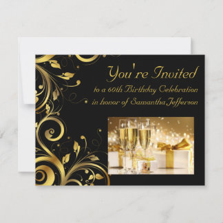 Black and Gold Swirl, Custom 60. Geburtstagsparty Einladung