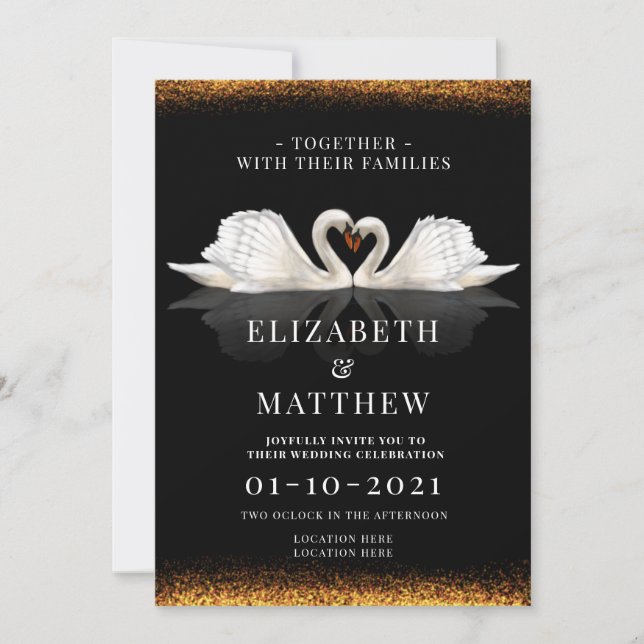 Black and Gold Themed mit Swans Wedding Einladung (Vorderseite)