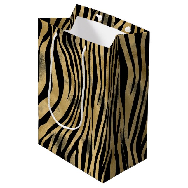 Black and Gold Tiger Strip Mittlere Geschenktüte (Vorderseite Schrägansicht)