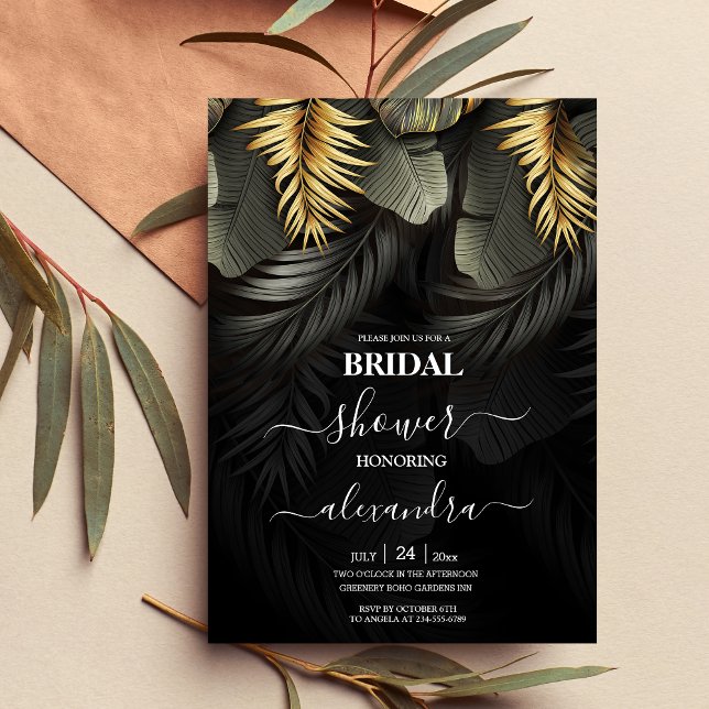 Black and Gold Tropical Destination Bridal Einladu Einladung (Von Creator hochgeladen)