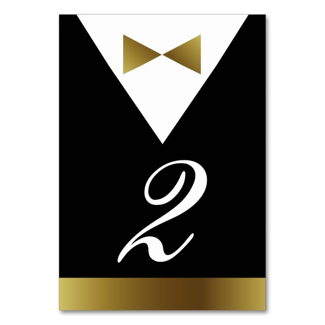 Black and Gold Tuxedo Tischnummern | Formelles Par (Vorderseite)