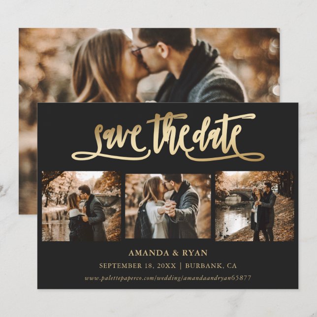 Black and Gold Wedding 4 Foto Save the Date (Vorne/Hinten)