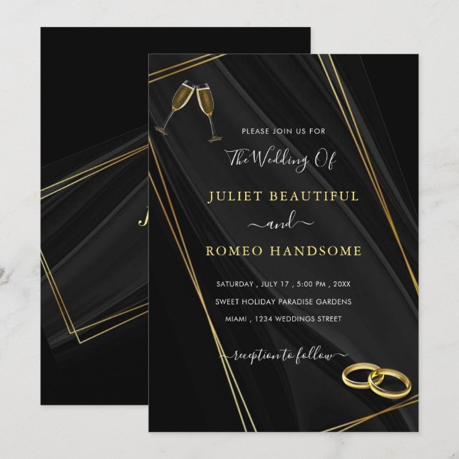 Black and Gold Wedding Einladung Rings Champagne (Vorne/Hinten)