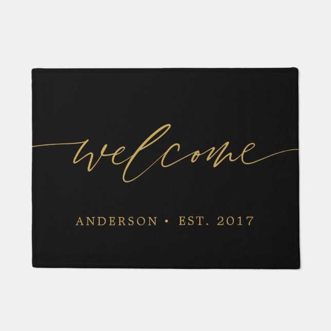 Black and Gold Welcome Calligraphy Family Fußmatte (Vorderseite)