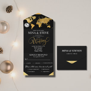 Black and Gold Weltkarte All In One Einladung