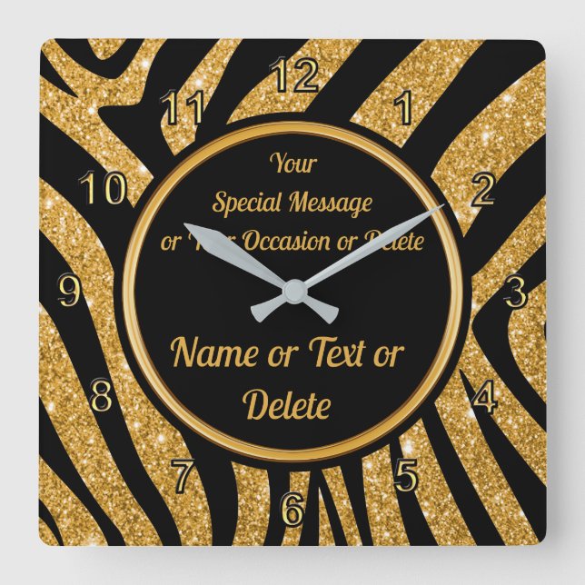 Black and Gold, Zebra Print Clock, Personalized Quadratische Wanduhr (Vorderseite)