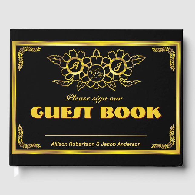 Black and Golden Wedding Guest Book Gästebuch (Vorderseite)
