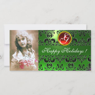 BLACK AND GREEN DAMASK Red Ruby Monogram Feiertagskarte