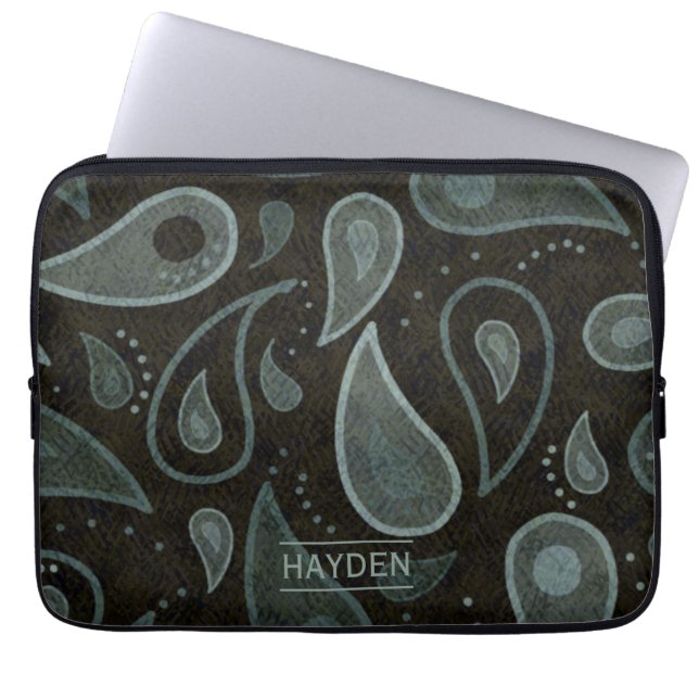 Black and Grey Paisley Pattern Personalised Laptopschutzhülle (Vorderseite)
