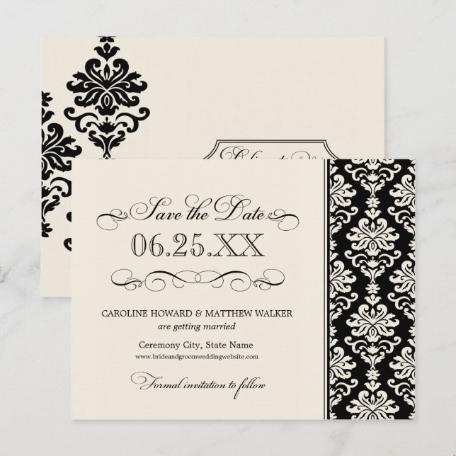 Black and Ivory Elegant Damask Save the Date Ankündigungspostkarte (Vorne/Hinten)