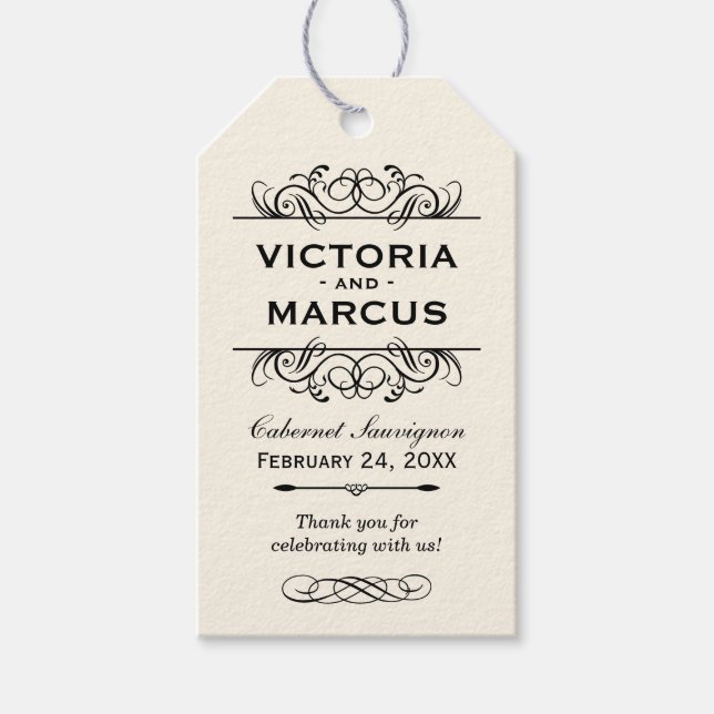 Black and Ivory Wedy Wine Bottle Monogram Geschenkanhänger (Vorderseite)
