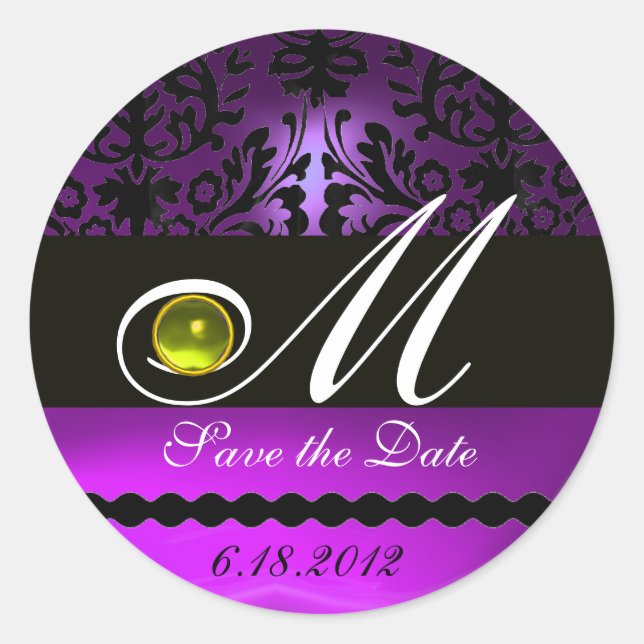BLACK AND LILA DAMASK MONOGRAM, YellowTopaz Runder Aufkleber (Vorderseite)