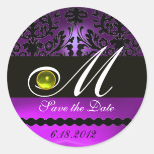 BLACK AND LILA DAMASK MONOGRAM, YellowTopaz Runder Aufkleber