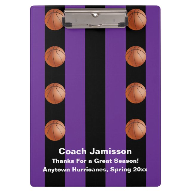 Black and Lila Strip Basketball Coach Vielen Dank Klemmbrett (Vorderseite)