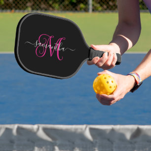 Black and Magenta Signature Name Curly Monogram Pickleball Schläger