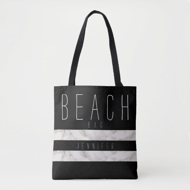 Black and Marble Beach Bag mit Namen Tasche (Vorderseite)