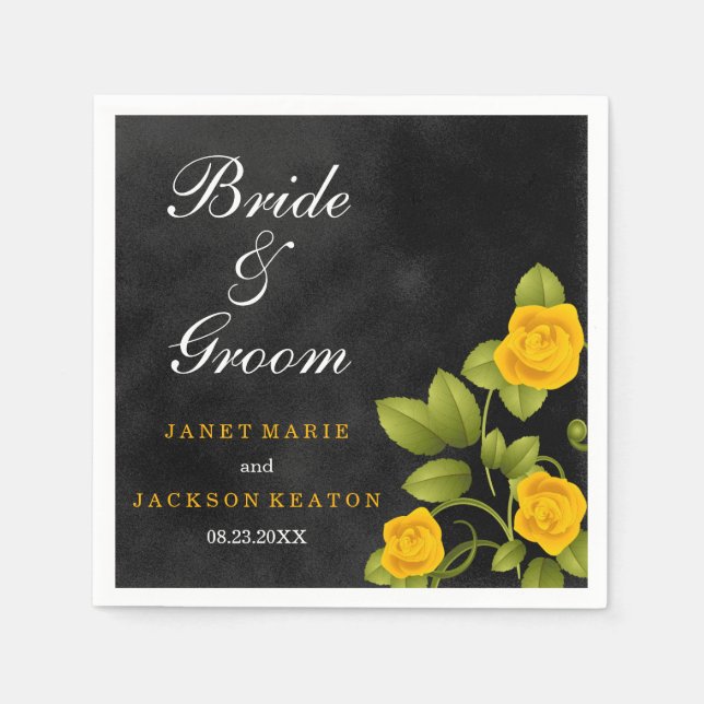 Black and Marigold Yellow Rose Wedding Serviette (Vorderseite)