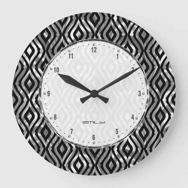 Black And Metallic Silver Geometric Pattern Große Wanduhr (Vorderseite)