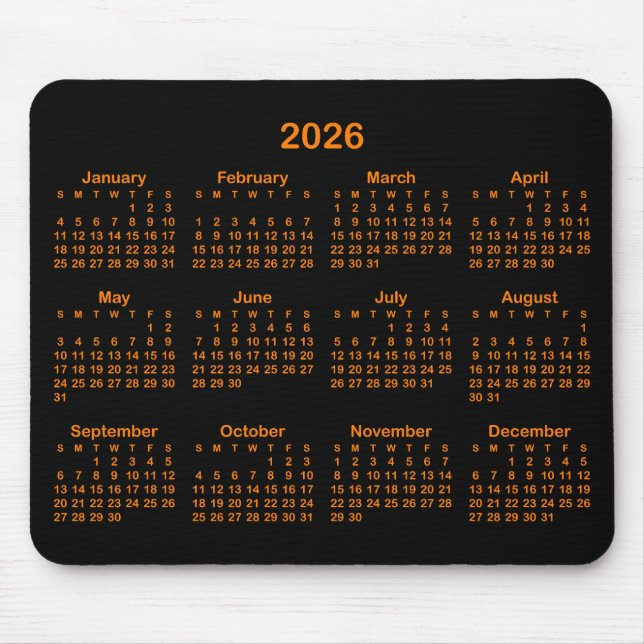 Black and Orange 2026 Calendar Mousepad (Vorne)