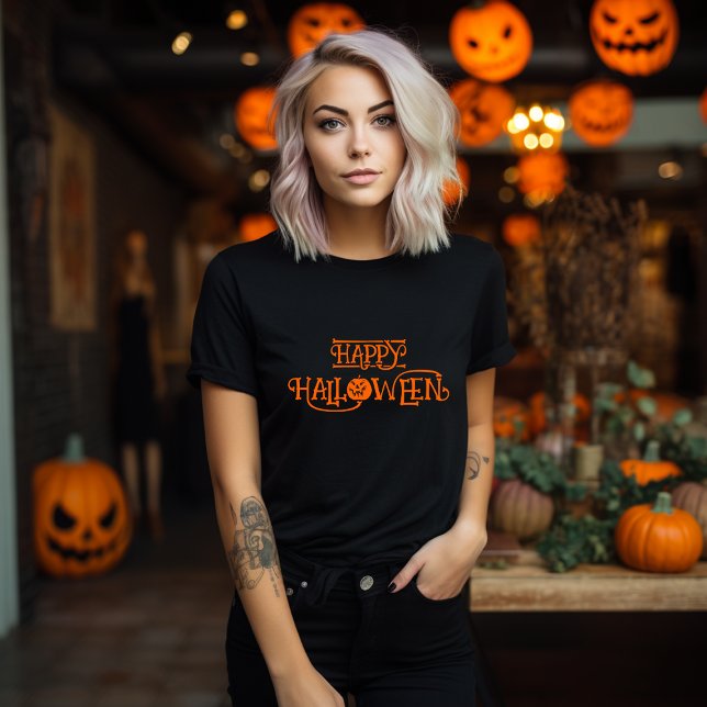 Black and Orange Happy Halloween Bony Typografie T-Shirt (Bony Happy Halloween Typography Tee)