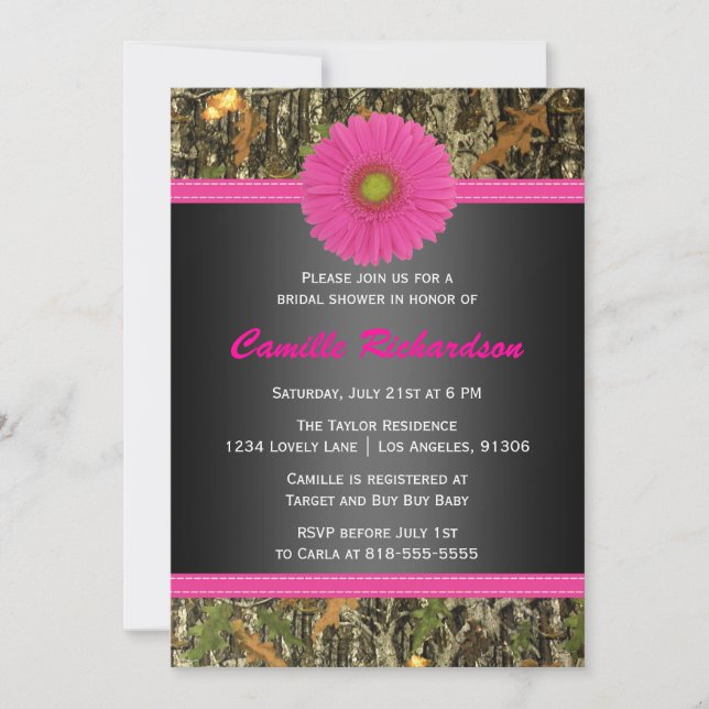 Black and Pink, Camo, Bridal Shower Invitation (Devant)