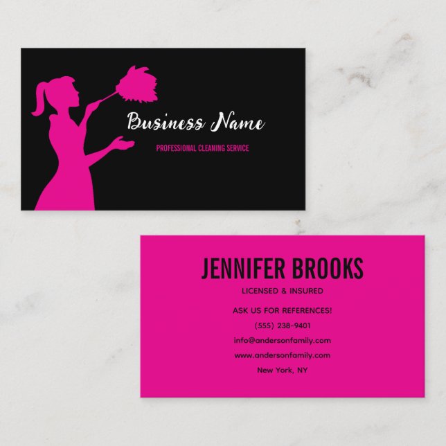 Black and Pink Cleaning Service Housekeeper Maid Visitenkarte (Vorne/Hinten)