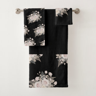 Black and pink flowers modern decorative bathroom  badhandtuch set