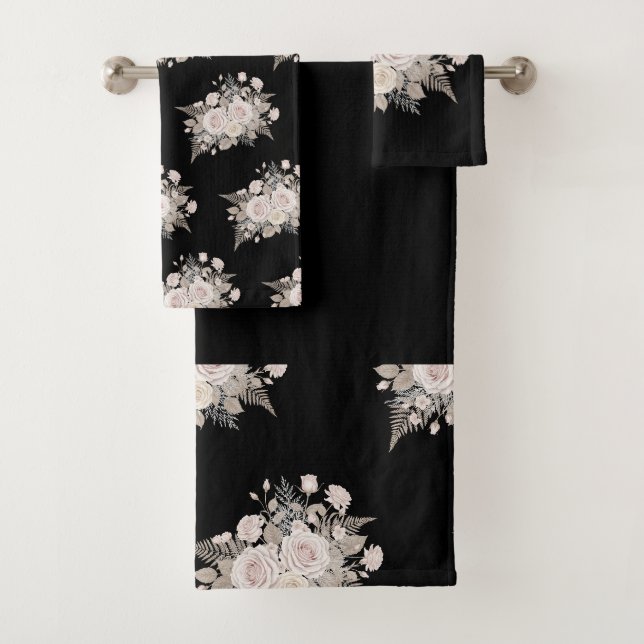Black and pink flowers modern decorative bathroom  badhandtuch set (Insitu)
