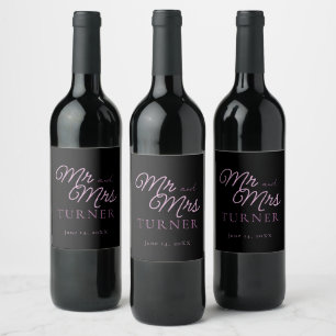 Black and Pink Mr. und Mrs. Wedding Weinetikett