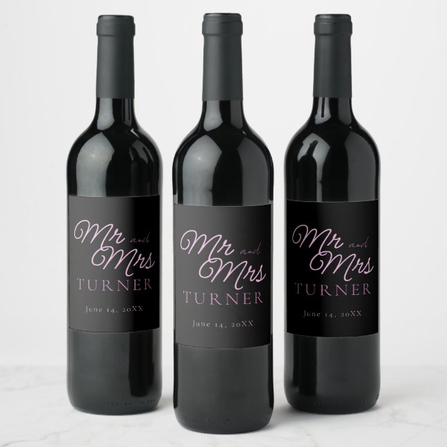 Black and Pink Mr. und Mrs. Wedding Weinetikett (Flaschen)