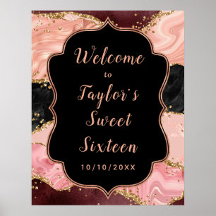Black and Pink Sequins Agate 16 . Geburtstag Willk Poster