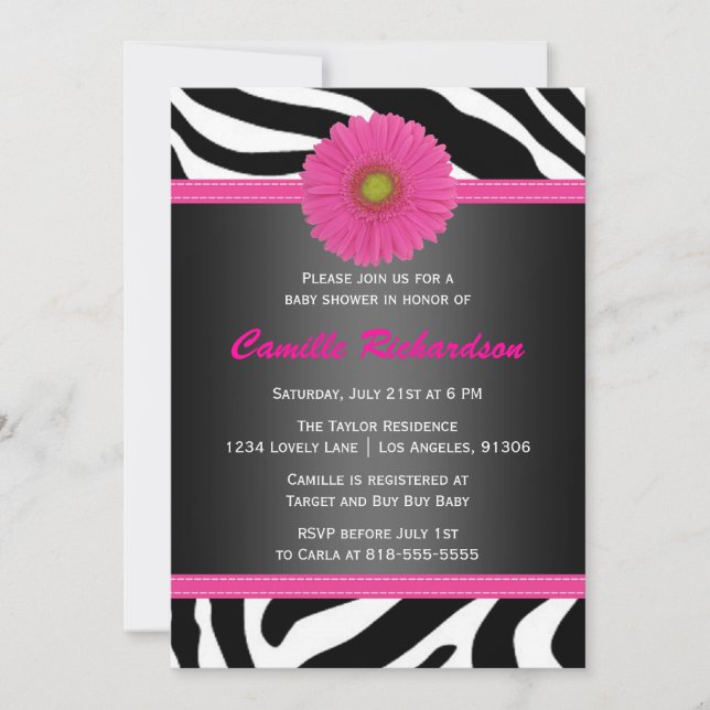 Black and Pink, Zebra, Girl Baby Shower Einladung (Vorderseite)