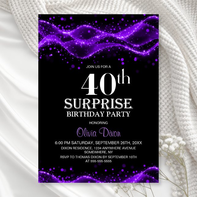 Black and Purple Surprise 40th Birthday Party Einladung (Von Creator hochgeladen)
