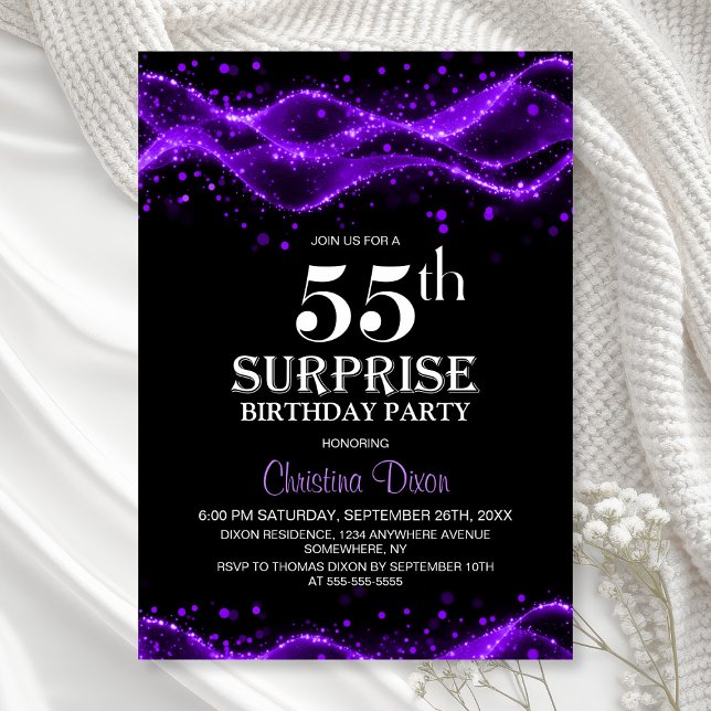 Black and Purple Surprise 55th Birthday Party Einladung (Von Creator hochgeladen)