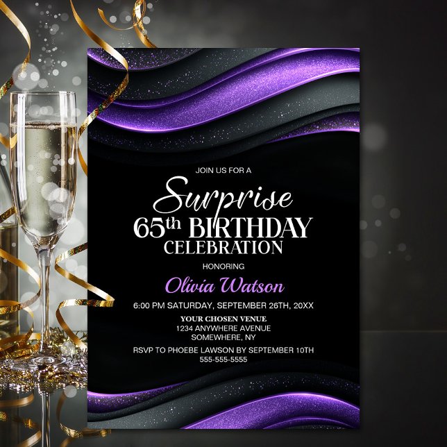 Black and Purple Surprise 65th Birthday Party Einladung (Von Creator hochgeladen)