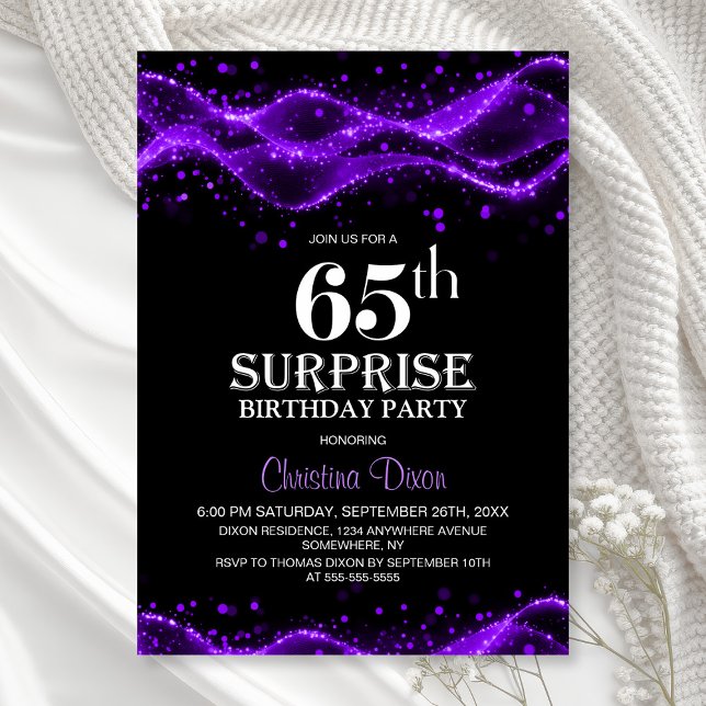 Black and Purple Surprise 65th Birthday Party Einladung (Von Creator hochgeladen)