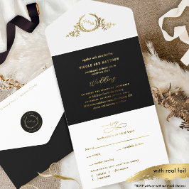 Black and Real Gold Foil Elegantes Monogramm Hochz All-in-One-Einladung