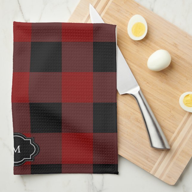 Black and red buffalo plaid monogrammed geschirrtuch (Viertel Falte)
