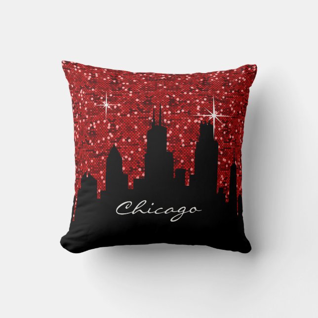 Black and Red Confetti Glitzer Chicago Skyline Kissen (Vorderseite)