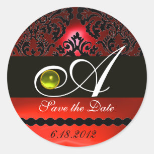 BLACK AND RED DAMASK MONOGRAM, Gelbes Topaz Runder Aufkleber