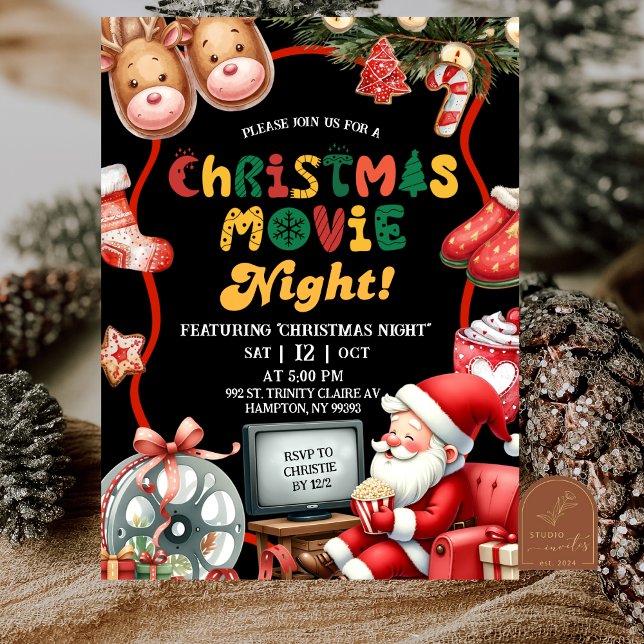 Black and Red Fun Retro Christmas Movie Night  Einladung (Von Creator hochgeladen)