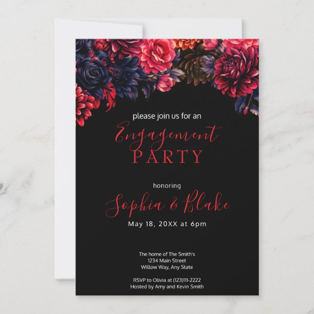 Black and Red Gothic Floral Dark Engagement Party Einladung (Vorderseite)