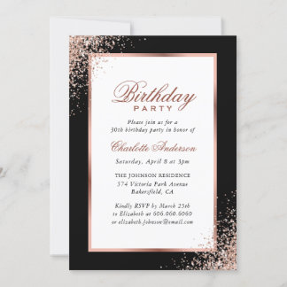 Black and Rose Gold Confetti Geburtstagsparty Einladung