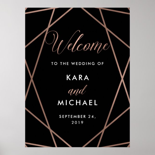 Black and Rose Gold Diamond Wedding Willkommen Poster (Vorne)