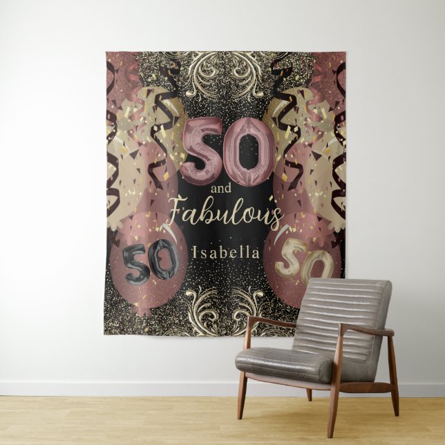 Black and Rose Gold Glitter 50th Birthday Wandteppich (Beispiel)
