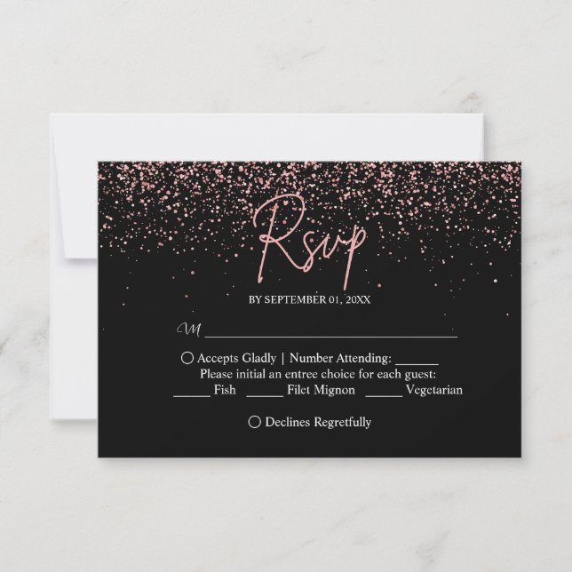 Black and Rose Gold Glitzer Wedding RSVP Karte (Vorderseite)
