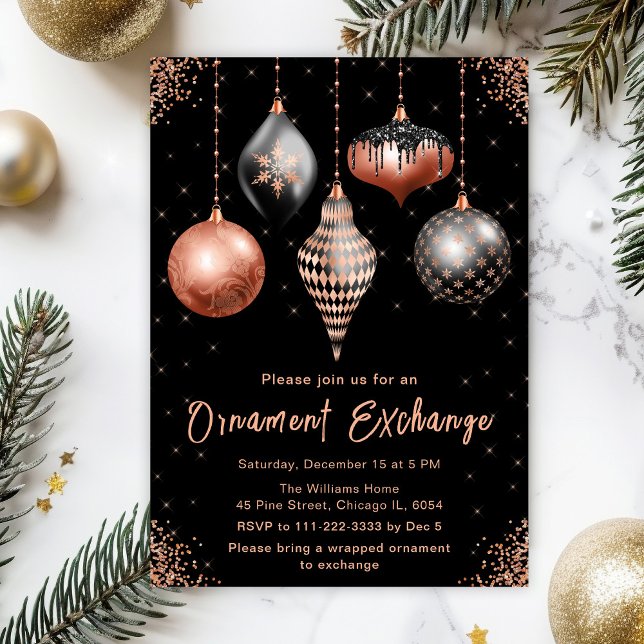 Black and Rose Gold Ornament Exchange Party Einladung (Von Creator hochgeladen)